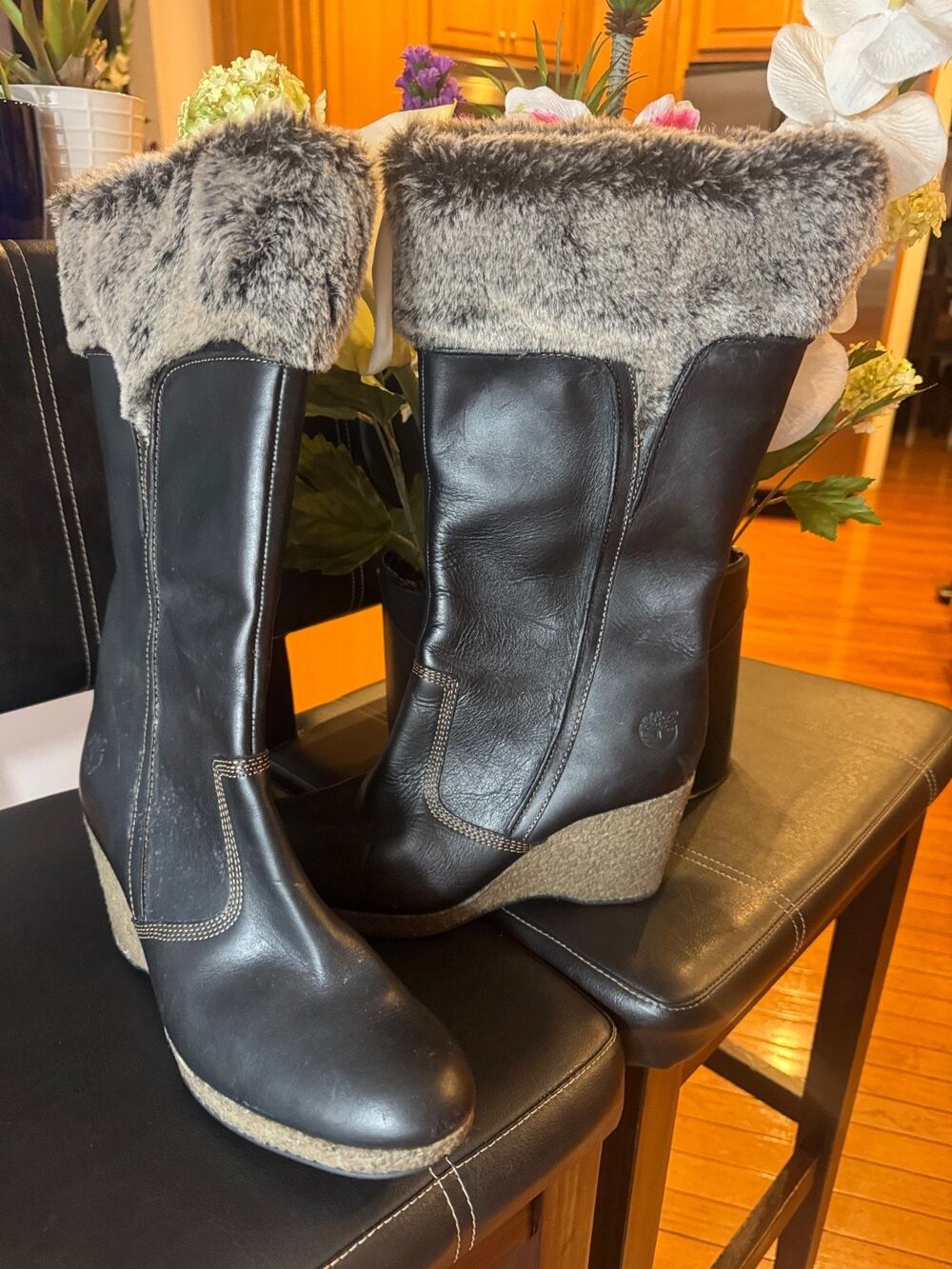 TIMBERLAND Black Leather Faux Fur Trims Knee High Wedge Boots Sz 9M #86328